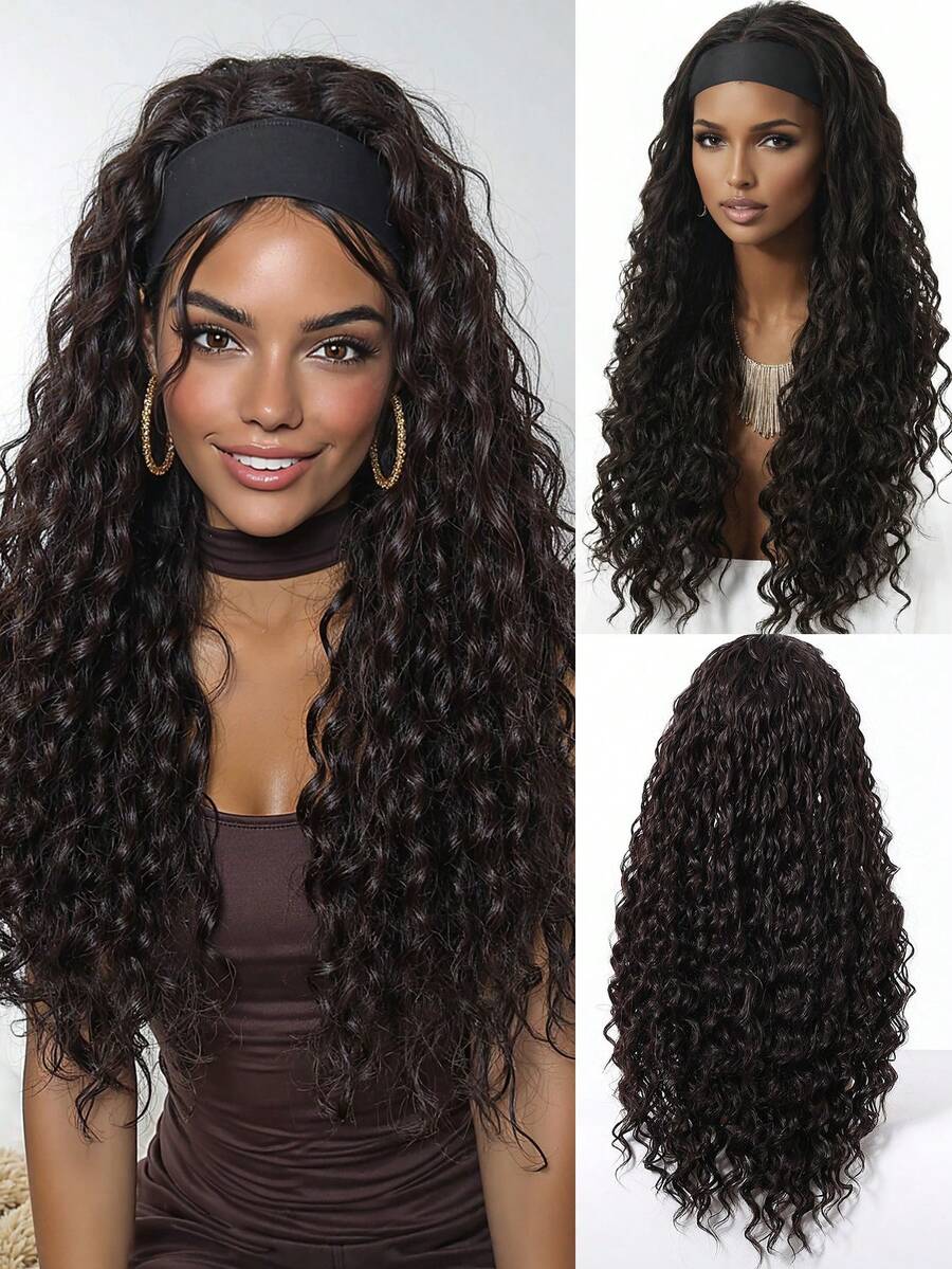 26 Inch Long Jerry Curly Brown And Gold Two-Color Headband Wig; Wigs For Women, Carnival; Kpop, K Pop; Y2k; Cosplay; Synthetic Woven Chemical Fiber Wig, Peluca; Fake Hair; Ideal For Holiday Travel Cosplay, Halloween, Christmas And Daily Wear; Dopamine Style; Quick Arrival - Black - View 1
