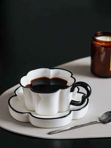 1pc Minimalist Retro Black & White Floral Rim Mug, Korean Ins Style Ceramic Cup & Saucer, Niche Creative Flower Plate, Black Rim Fruit Plate, Afternoon Tea Flower Tea/Coffee Cup, Garden Party Dining, Holiday Gift