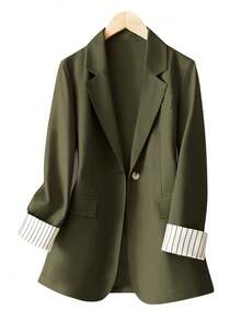 女式袖口条纹拼布单扣常规西装外套 - 橄欖綠 - 查看 3