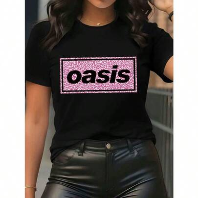 Women'S Casual Black T-Shirt With Pink & White "Oasis" Print - Short Sleeve, Crew Neck, Stretchy Polyester Blend, Perfect For Spring/Summer, Everyday Tshirt | Relaxed Fit Shirt | Comfortable Fit It Is Preferred With Jeans, Slacks, And Beach Pants