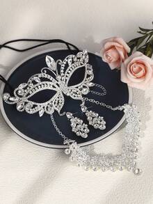 4pcs Masquerade Mask Necklace And Earring Set For Women Luxury Rhinestone Elegant Butterfly Design Blindfold For Ball Party - Silver - View 4