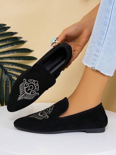 Damen Lässig Slip-On Flats, vintage Stickerei weiche Sohle, lässige Loafer, spitzer Zehenbereich, Gummisohle, Frühling/Herbst