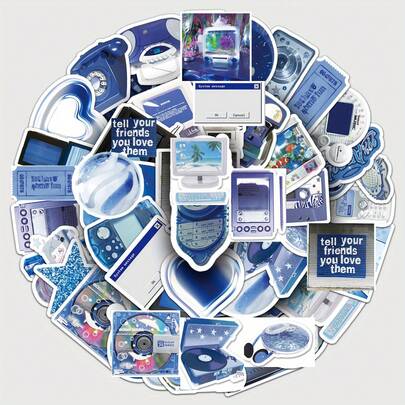 50 件 Y2K 蓝色数字涂鸦趣味贴纸乙烯基美观装饰水瓶、安全帽、行李箱、自行车、滑板