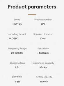 HYUNDAI 现代 LP5 蓝牙耳机，半入耳式 Hi-Fi 立体声，高清通话带麦克风，低延迟，触摸控制，适合音乐、游戏、运动、学习，配有适用于智能手机和电脑的硅胶无线耳塞 - 灰色 - 查看 10