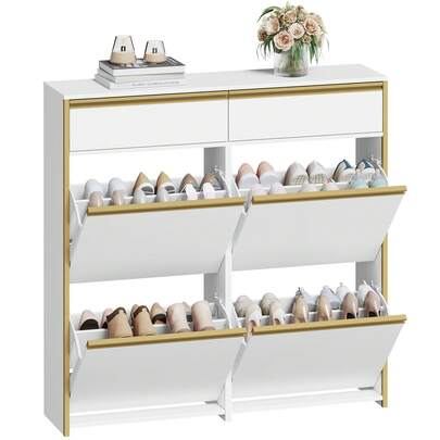 HEXCELEN Meuble à Chaussures Étroit avec 4 Battants, Étagère à Chaussures avec Tiroir, Meuble à Chaussure, Séparateur Réglables, 16 à 24 Paires, pour Couloir, Entrée, 24 x 100 x 99 cm, Blanc