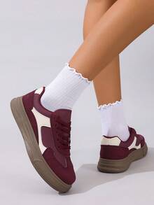女式复古厚底系带休闲运动鞋，春秋季 - 酒紅色 - 查看 8