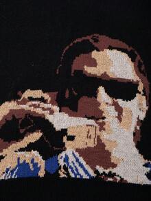 秋冬新款男士街头美式提花图案圆领休闲宽松插肩袖套头针织衫，男女通用