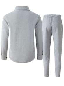 2 件男士休闲纯色衬衫，带双口袋和领子 + 裤子套装，轻便运动度假装，春秋季