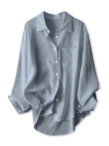 Women's Casual Loose Long Sleeve Shirt, Spring/Autumn - Dusty Blue - View 3