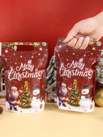 10/20个装可重复密封圣诞塑料礼品袋，带提手，14*22厘米，圣诞老人、雪人等圣诞图案，自立式封口袋，手提袋，非常适合礼品包装和冬季节日派对，2025年圣诞节、2026年新年家居圣诞装饰礼品包装，圣诞装饰