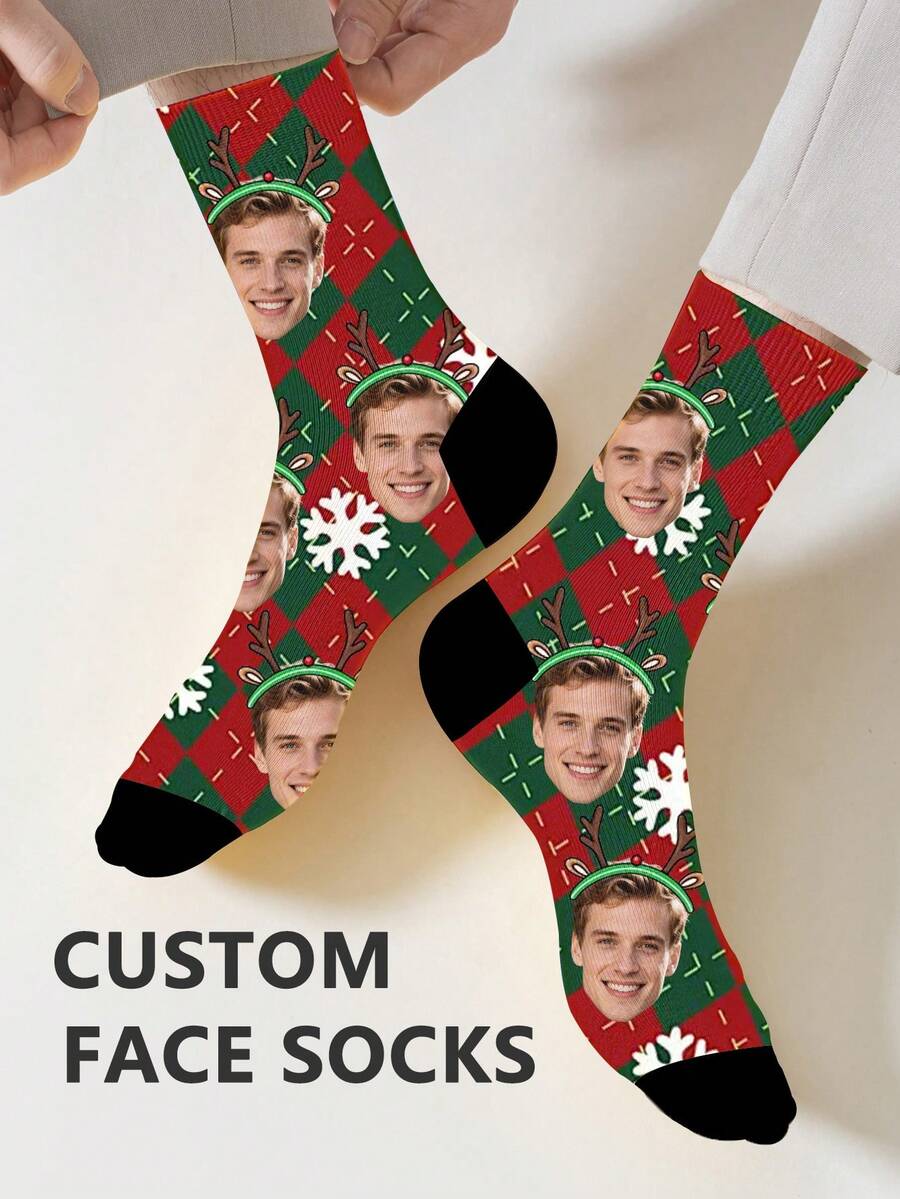 1 Pair Of Custom Christmas Socks, Custom Printed Christmas Socks, Personalized Smiling Face Socks, Custom Picture New Year Socks, Father's Day Gifts, Best Friend Gifts, Anniversary Gifts, Valentine's Day Gifts, Birthday Gifts, Wedding Gifts, Mother's Day Gifts, Mom/Dad Gifts, Girlfriend/Boyfriend Gifts, Her/His Gifts