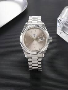 RICECGO 男士经典石英表，圆形表盘，双日期显示，不锈钢表带，适合日常佩戴，也是理想的生日礼物和商务着装之选。