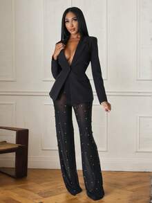 Women's Black Shawl Collar Blazer And Sheer Beaded Mesh Pants Suit Set With Buttons, Medium Stretch Regular Sleeve Formal Outfit,Black, White, Burgundy,Autumn/Winter Women's Christmas Set,Deep V-Neck Design,Evening Gown - Black - View 5