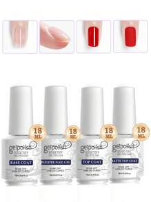 2瓶18毫升免擦洗凝胶底油和面油套装，光泽持久，适用于家庭美甲沙龙DIY，需配合UV/LED灯使用。1/2/3瓶装，包含免擦洗底油、哑光面油和面油。