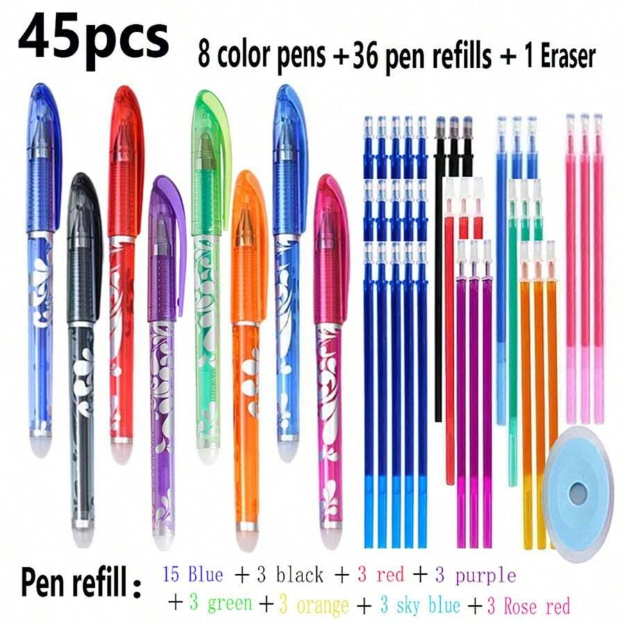 45 Sets Of Erasable Neutral Pens, With Eight Colors And Replaceable Ink Cartridges. Eraser Included. Writing Width 0.5 Mm. Suitable For Schools, Office Supplies., Back To School - Sets - View 1