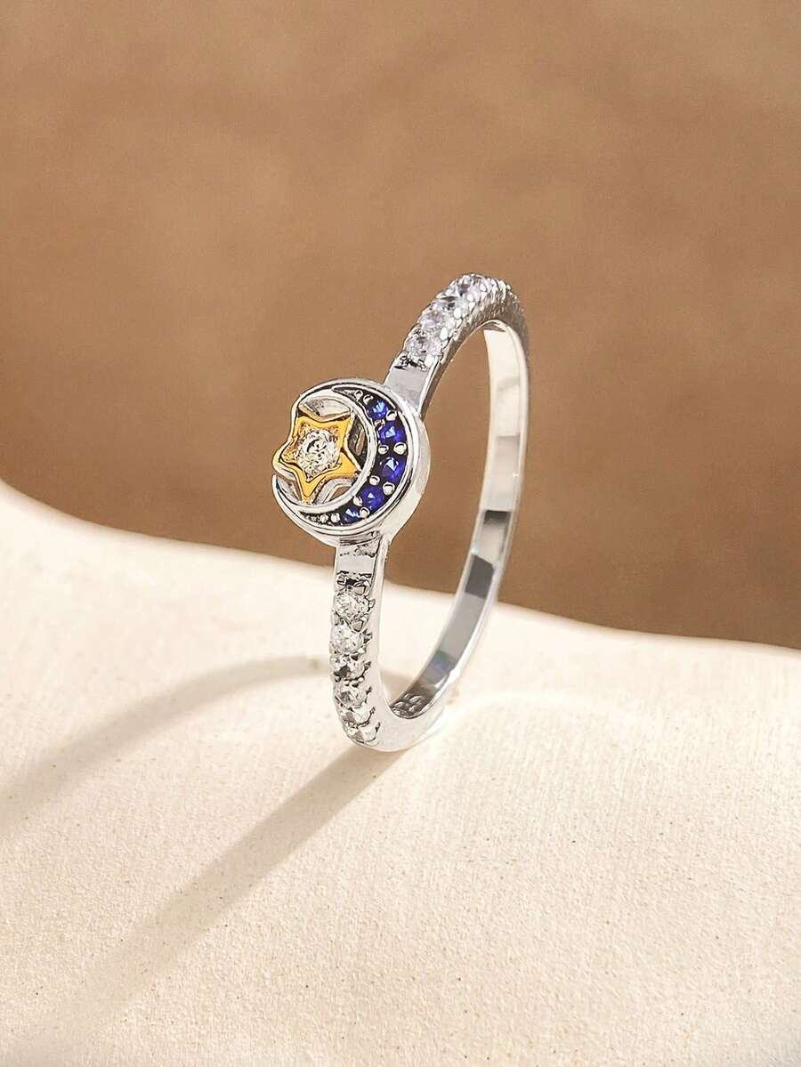 ESBERRY 1pc 925 Sterling Silver Luxury Star & Moon Stackable Ring, Perfect For Occasions Like Valentine's Day, Wedding, Birthday Party, Exquisite Jewelry - Star and Moon Ring - View 1