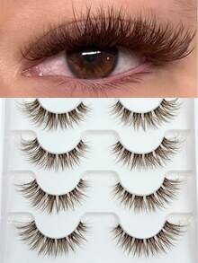6 对棕色仿貂皮睫毛，带透明带茎，纤细浓密的猫眼睫毛，蓬松自然的假睫毛，透明茎 3D 卷曲，戏剧性全条睫毛延长化妆工具条状睫毛，睫毛，睫毛，假睫毛