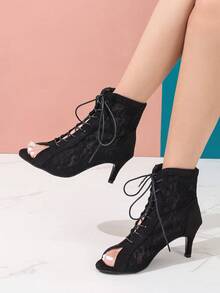 女式中跟镂空网眼优雅舞蹈踝靴，罗马风格镂空系带靴，黑色优雅镂空系带靴 - 黑色 - 查看 1