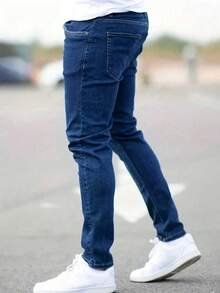 1pc Men's Blue Slim Fit Stretchy Denim Jeans - Blue - View 4