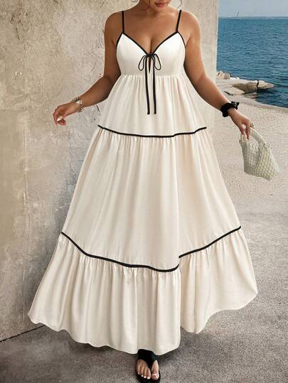 大码女式撞色喇叭下摆细肩带度假连衣裙