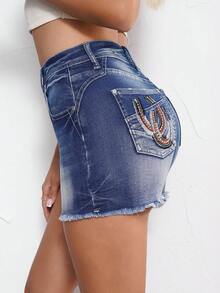 Denim Shorts Women Summer Mid Rise Button Ripped Jeans Western Stretchy Vacation Jeans Shorts With Pocket