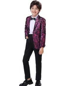 Teen Boy Jacquard Tuxedo 3 Piece Suit Set - Bow Tie Included For Wedding Prom - 玫紅色 - 查看 2