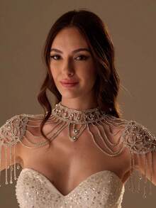 Joyas glamurosas con borlas para el hombro, collar de cadena con brillantes diamantes de imitación, accesorio de boda, pieza llamativa para desfiles de moda, joyería de alto rendimiento para mujer. - Dorado - Ver 1