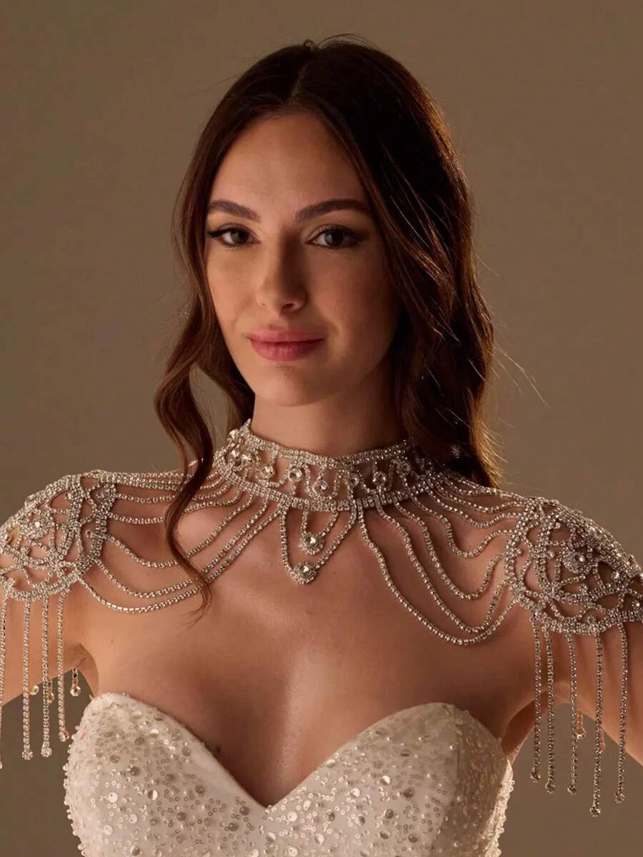 Joyas glamurosas con borlas para el hombro, collar de cadena con brillantes diamantes de imitación, accesorio de boda, pieza llamativa para desfiles de moda, joyería de alto rendimiento para mujer. - Dorado - Ver 1