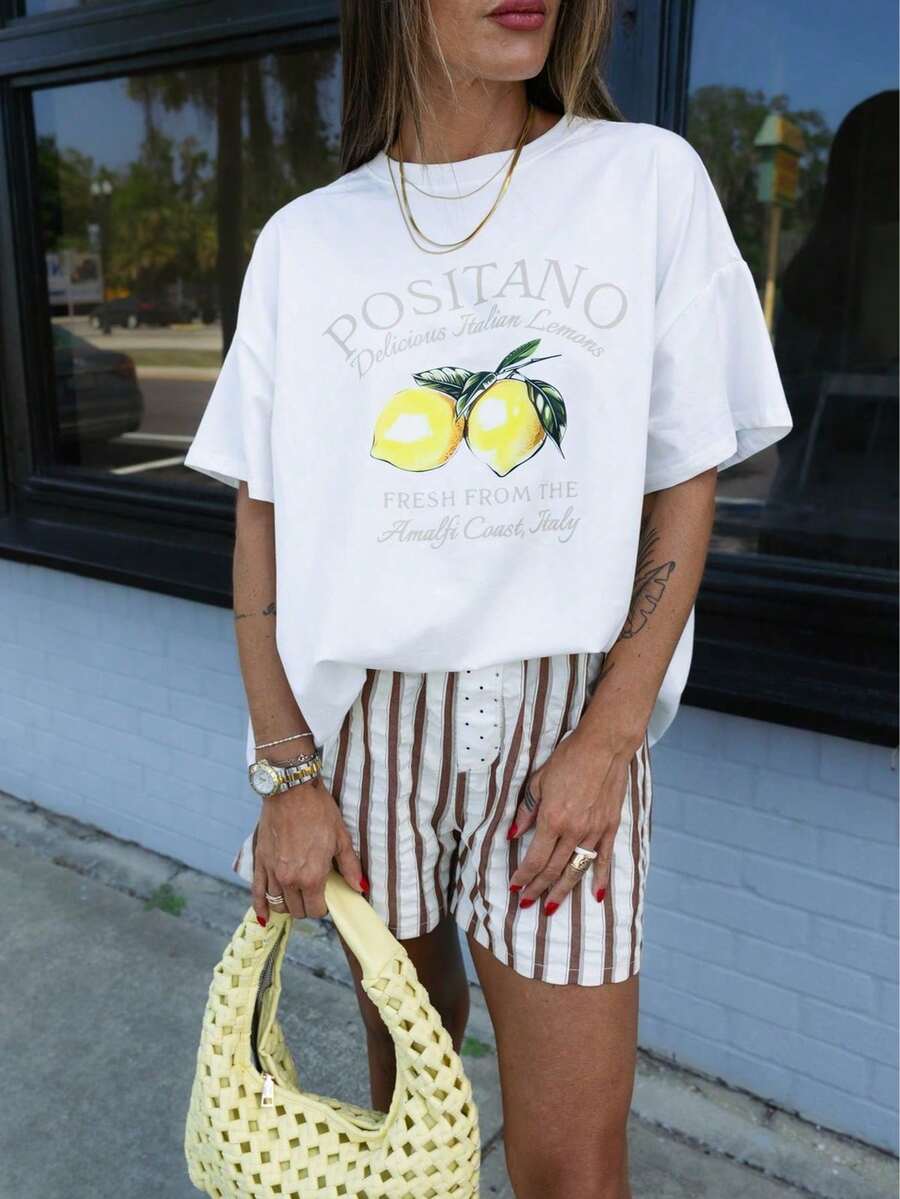 Women's 100% Cotton Positano Lemon Print T - Shirt, Loose Short - Sleeved Top With Amalfi Coast Vacation Style, Fresh And Versatile For Summer Top Sports Top, Machine Washable All Season Universal T-Shirt, Daily Clothing, Sports Style