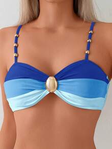 Two-Piece Bikini Swimsuit Set With Colorblock Crossover Cropped Top And Swim Briefs, Featuring A Top With Adjustable Straps Decorated With Metallic Beads In A Tricolor Cutout And A Regular Triangle Bottom. - Blue - View 4
