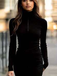 Black High Neck Zip-Up Knit Sweater | Slim Fit, Warm & Stretchy | Minimalist Zip Design, Versatile Layering Piece | Suitable For Office, Commute, Urban Casual, Autumn/Winter