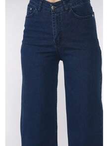 High Waist Stretchy Women Jeans Pants, Solid Color Pockets Button Zipper, Casual - Navy Blue - View 5