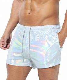 Men's Holographic Metallic Short Sparkly Shiny Short Pants Rave Outfit Hot Shorts With Pockets And Drawstrings - A1-銀色-ck3118 - 查看 3