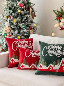 1pc Christmas Snowhouse Embroidered Plush Velvet Cushion Cover, Soft & Comfortable Christmas Decorative Pillow Sham, Fits Multiple Room Styles, Pillow Insert Not Included Home Decor Christmas Decorations Room Decor Christmas Decorations Home