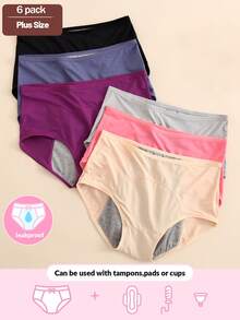 6 Stücke/Packung Damen Große Größen undurchlässige, atmungsaktive Mesh Unterwäsche, hoher Bund, breites dreischichtiges auslaufsicheres Design, nicht saugfähig - Verschiedenfarbig - Übersicht 1