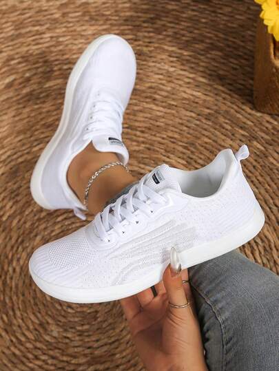 Plus Size Women's Patchwork Decorative Front Lace-Up Fabric Barefoot Shoes, Suitable For Outdoor Sports, Casual Wear, Non-Slip Walking Shoes