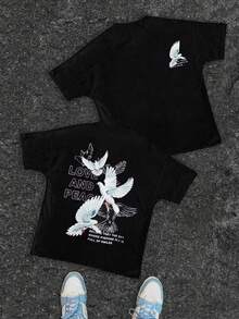 Boys & Teens' Casual Graphic Print Round Neck Short Sleeve T-Shirt, Summer Top - 黑色 - 查看 1