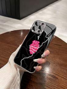 1 件时尚简约心形链条图案钢化玻璃材质内置镜头膜电镀防摔防刮防指纹TPU全边软手机壳适用于苹果机型 - 彩色 - 查看 3