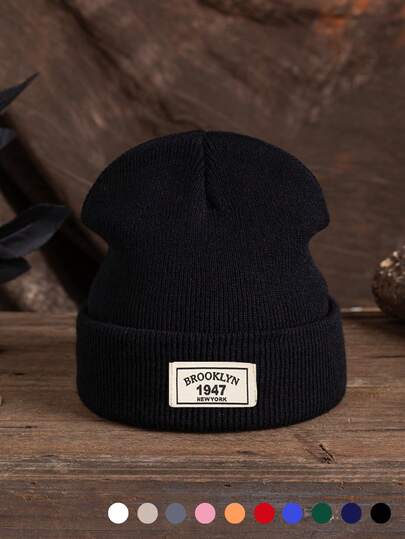 1pc Unisex 1947 BROOKLYN Embroidered Label Knit Beanie, Couple Outdoor Sports Skiing Camping Streetwear Warm Hat, Autumn/Winter