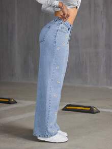 Vintage Washed Blue Floral Embroidered Denim Women Casual Loose Wide Leg Straight Pants, Chic Winter Christmas New Year Thanksgiving