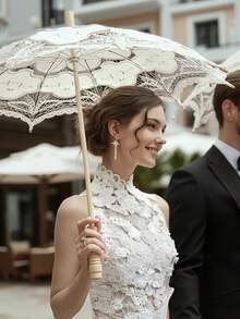 BABEYOND Lace Umbrella Parasol Vintage Wedding Bridal Umbrella For Decoration Photo Lady Costume 1920s Party (Apricot) - Màu be - Xem 1