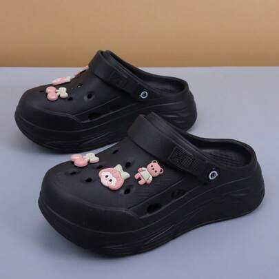 女士时尚镂空凉鞋，新款樱桃女孩装饰厚底一脚蹬拖鞋，防滑舒适透气木屐，适合医疗、海滩、夏季