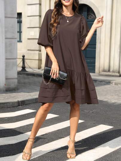 Đầm peplum nữ kiểu dáng thường ngày, cổ tròn, màu trơn, dài ngang gối, thanh lịch cho mùa xuân.