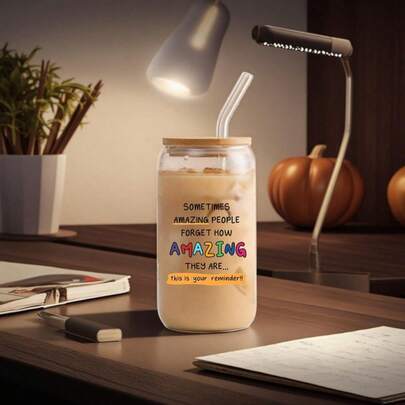 1pc16oz Healing Inspirational Transparent Glass Cup, "You Are Awesome" Healing Copy, With Straw And Lid, Good For Home Life, Kitchen Utensils, Drinkware, A Good Choice For Personal Use And Giving As A Gift, Holiday Gift.