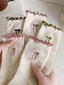 5 双女士波尔卡圆点蝴蝶结荷叶边下摆厚中筒袜，适合秋冬季 - 彩色 - 查看 2