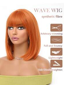 万圣节橙色假发短鲍勃假发女士短直发假发带刘海柔软天然合成耐热假发适用于派对万圣节假发角色扮演狂欢节假发 12 英寸 - 橘色 - 查看 6