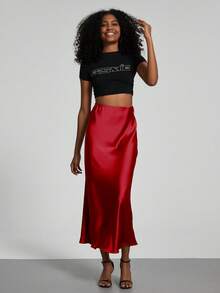 Se-Helo Fashion Women's Elastic Satin Texture Satin Maxi Skirt - Red - Red - View 6