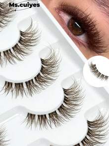 6 对棕色仿貂皮睫毛，带透明带茎，纤细浓密的猫眼睫毛，蓬松自然的假睫毛，透明茎 3D 卷曲，戏剧性全条睫毛延长化妆工具条状睫毛，睫毛，睫毛，假睫毛