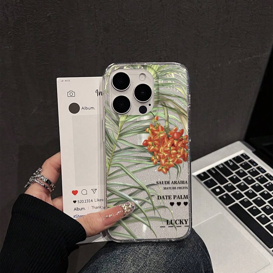 1pc Glitter Bottom Coconut Date Palm Leaf Print Phone Case, Tropical Plant English Pattern Full Coverage Anti-Drop Soft Shell, Suitable For IPhone17/17Pro/17ProMax/16/16Plus/16ProMax/16e/15ProMax/11/12/12Pro/12ProMax/13/13Pro/13ProMax/14/14Pro/14ProMax, Ins Vintage Style Phone Protective Cover - Transparent Fine Shimmer - View 1