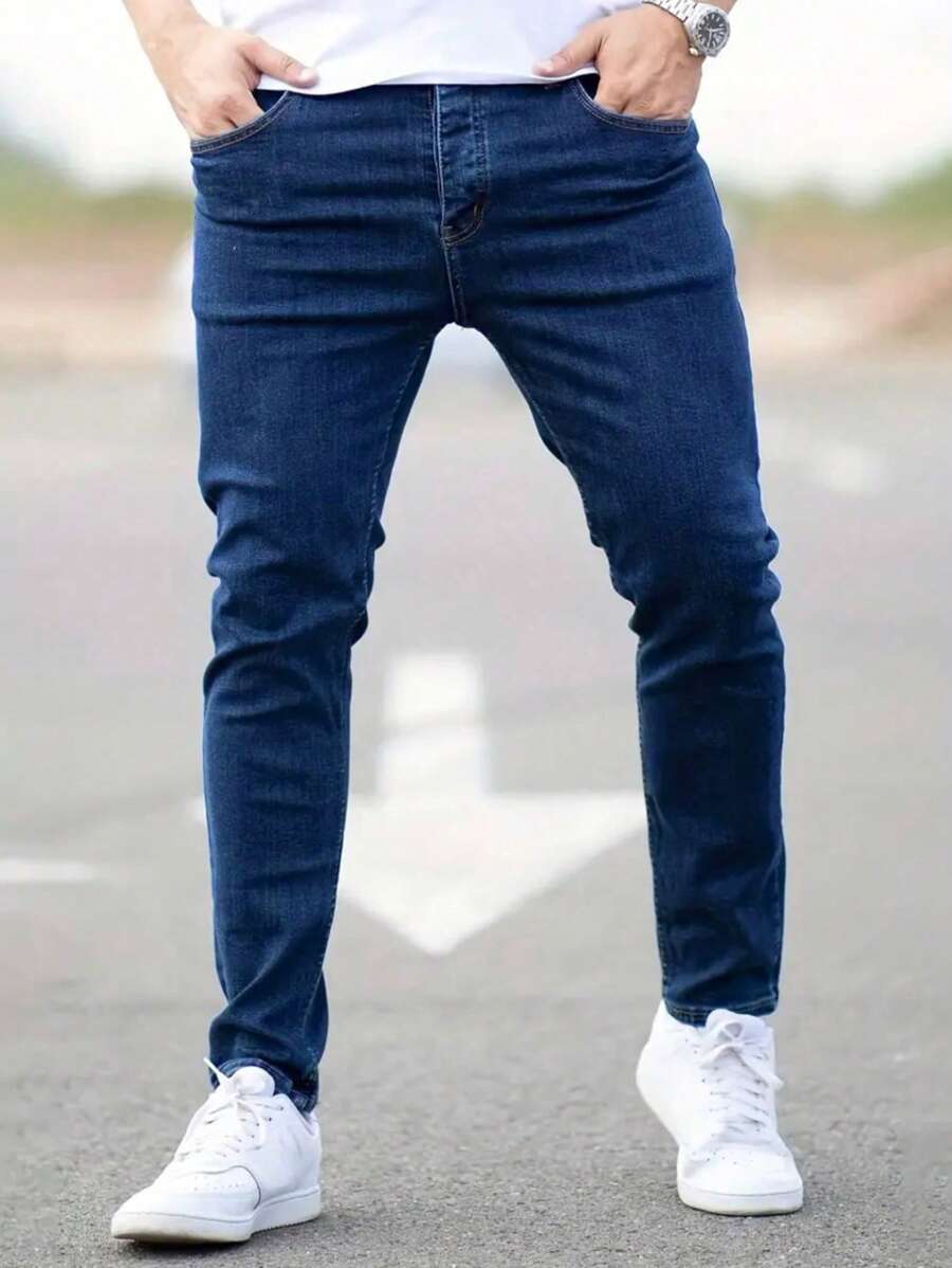 1pc Men's Blue Slim Fit Stretchy Denim Jeans - Blue - View 1